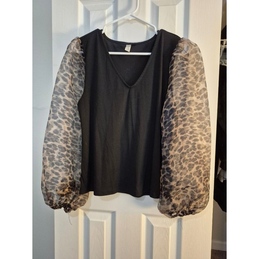 Womens Blouse with Sheer Leopard Print Sleeves, Small
